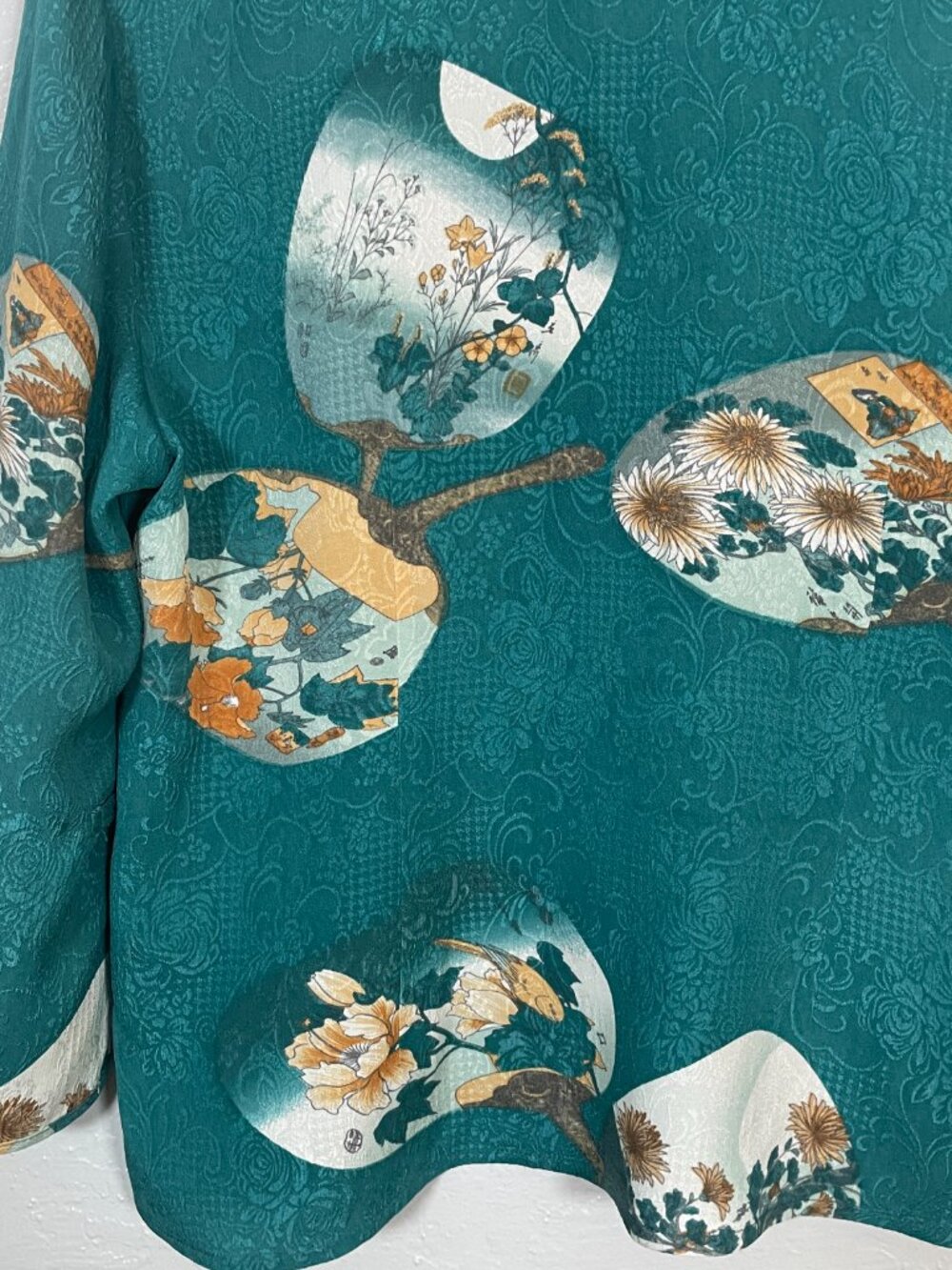 Citron Santa Monica Women M Teal Silk Blouse Hand Mirror Print Mandarin Collar - Picture 7 of 10